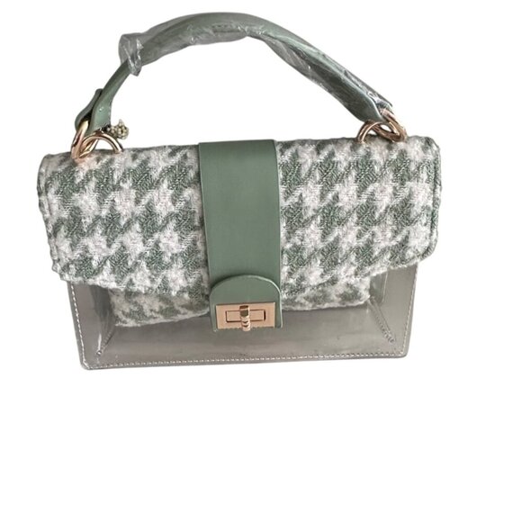 Houndstooth Handbag & Pouch Set - Green & White Pattern With Clear Accents - Picture 1 of 13